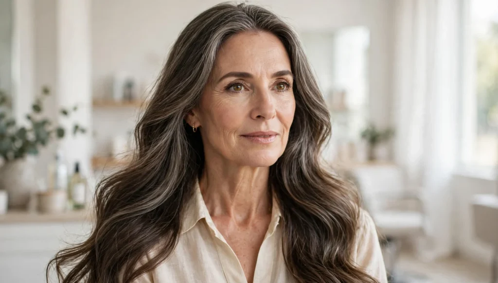 Elegant woman over 50 with gorgeous long hair in bright salon photography.
