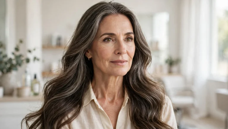 Elegant woman over 50 with gorgeous long hair in bright salon photography.