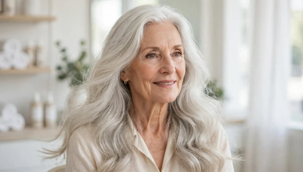 Elegant woman over 70 with beautiful long hair in bright salon photography.