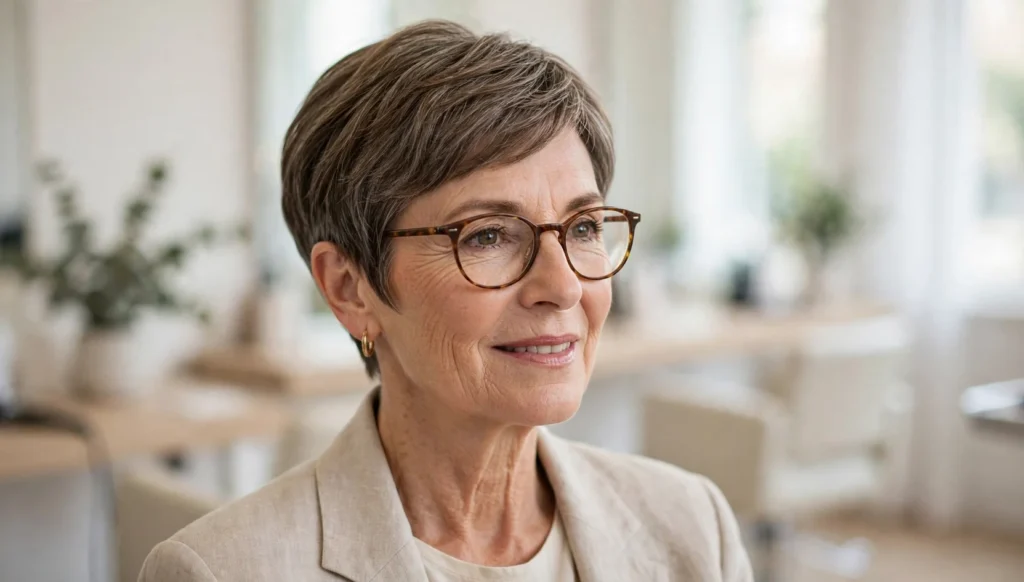 Elegant woman over 50 with glasses and a beautiful short haircut in bright salon photography.