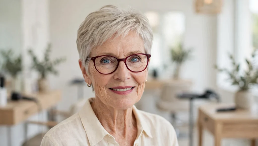 Elegant older woman with fine hair and glasses and a beautiful pixie haircut in bright salon photography.