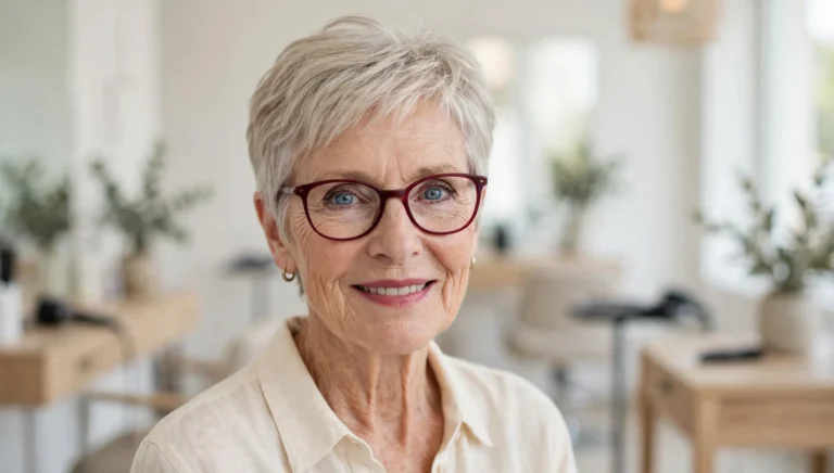 Elegant older woman with fine hair and glasses and a beautiful pixie haircut in bright salon photography.