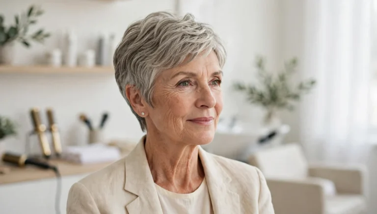 Elegant older woman over 60 with a beautiful short haircut in bright salon photography.