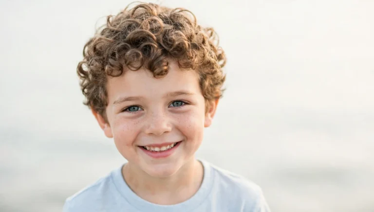 Smiling young boy with neat curly hair in bright children's hairstyle photography.