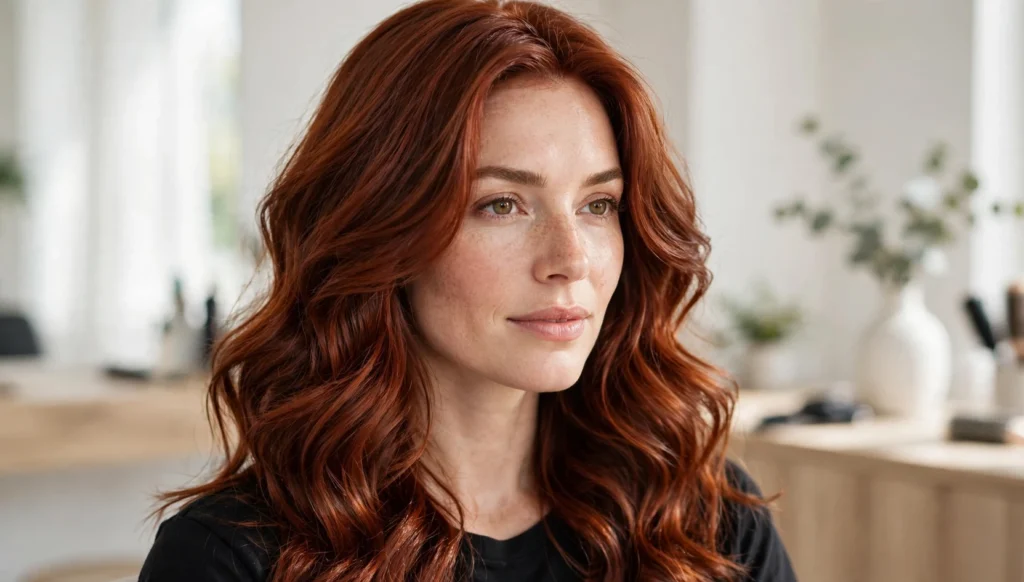 Woman with stunning auburn hair color in bright salon photography.