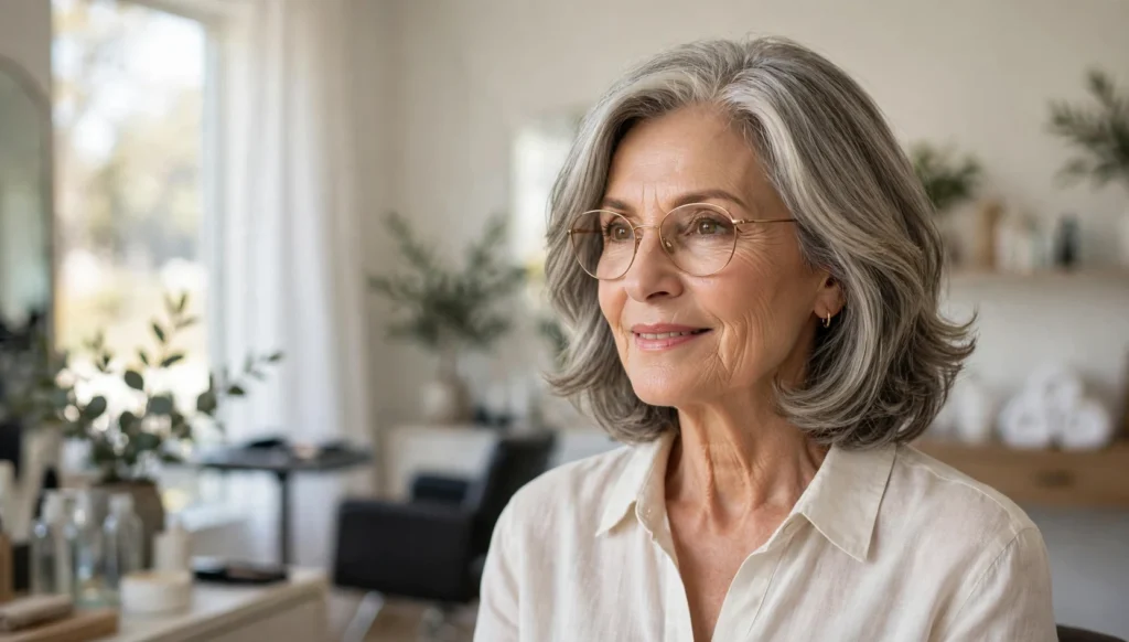 Elegant woman over 60 with glasses and a beautiful medium-length hairstyle in bright salon photography.