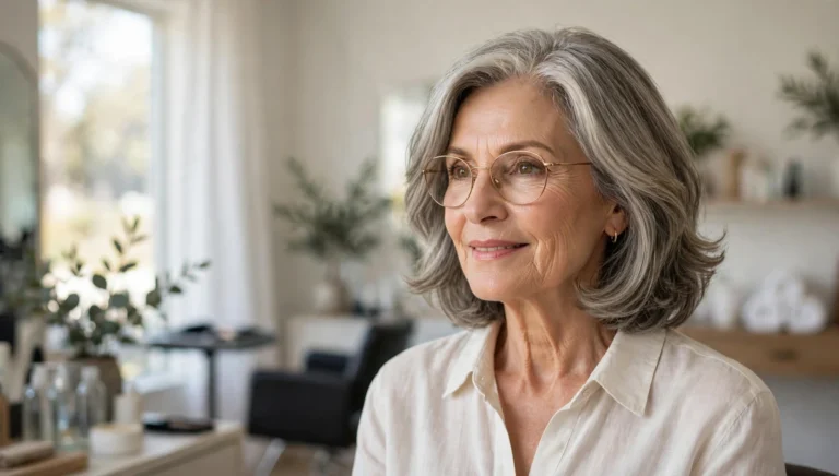 Elegant woman over 60 with glasses and a beautiful medium-length hairstyle in bright salon photography.