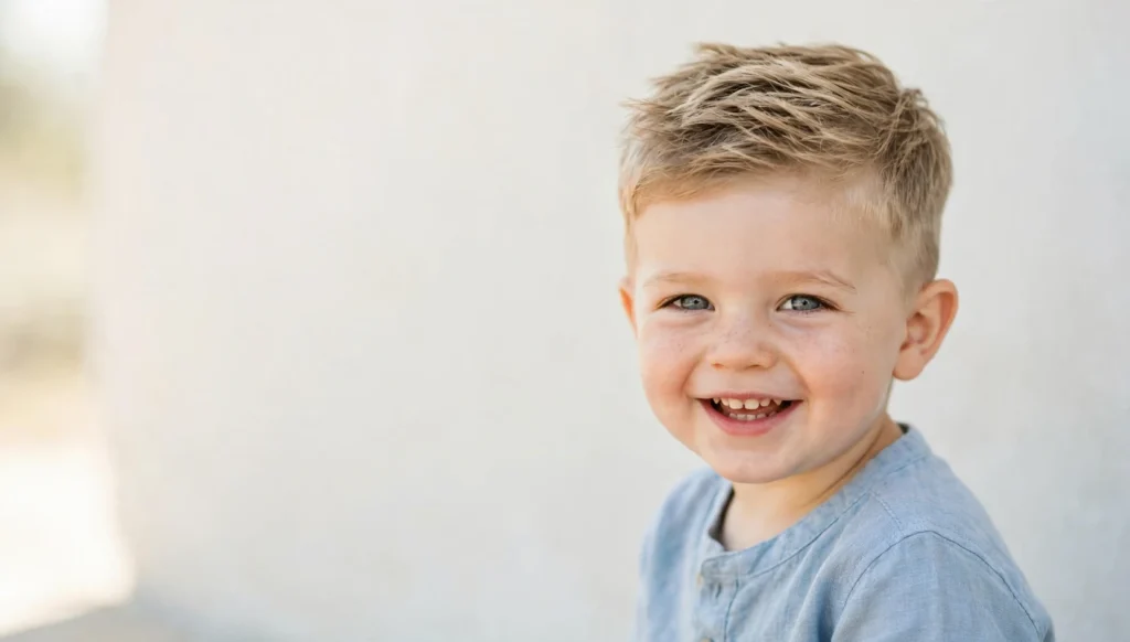 Smiling toddler boy with a neat textured haircut in bright, airy children's hairstyle photography.