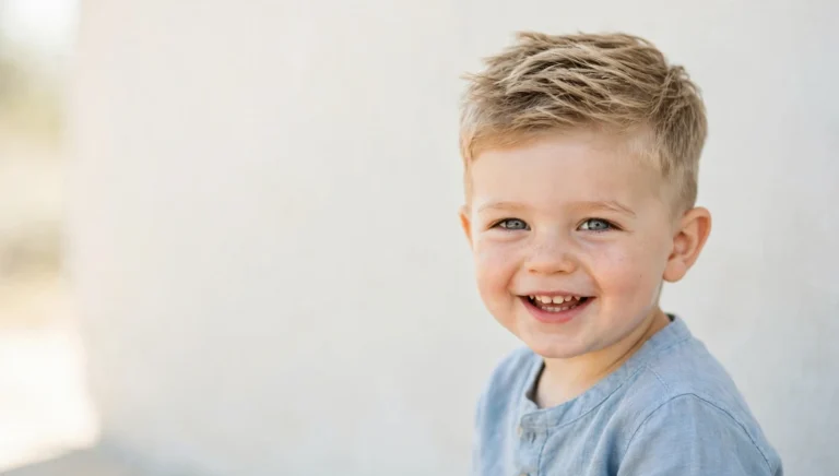 Smiling toddler boy with a neat textured haircut in bright, airy children's hairstyle photography.