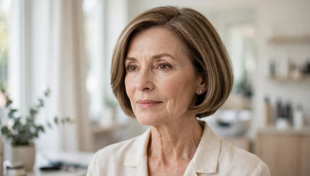 Elegant woman over 50 with a beautiful bob haircut in bright salon photography.