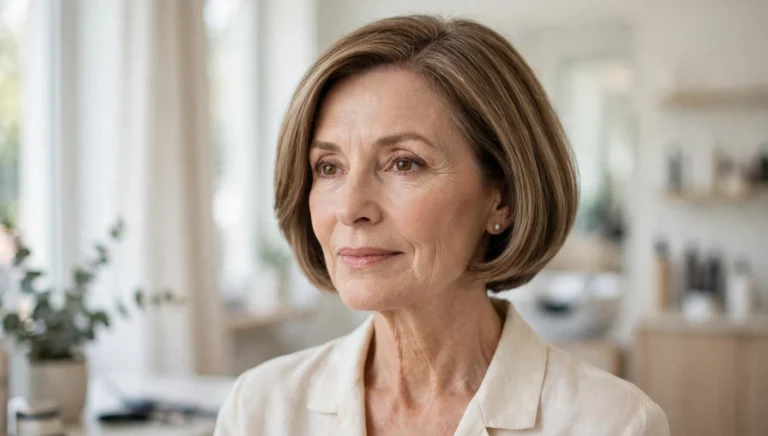 Elegant woman over 50 with a beautiful bob haircut in bright salon photography.