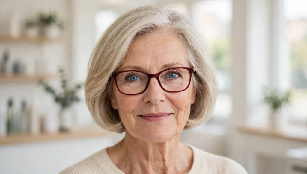 Elegant woman over 50 with fine hair and glasses and a beautiful bob hairstyle in bright salon photography.