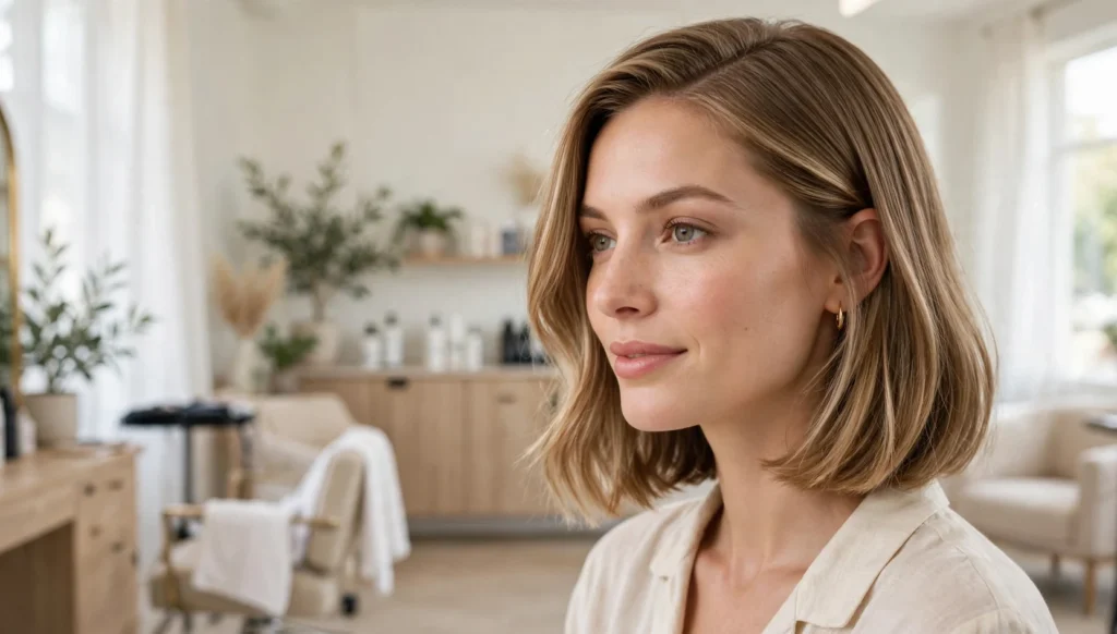 Beautiful woman with a stunning long bob haircut in bright salon photography.
