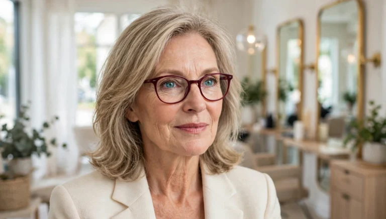 Elegant woman over 60 with fine hair and glasses and a beautiful medium-length hairstyle in bright salon photography.