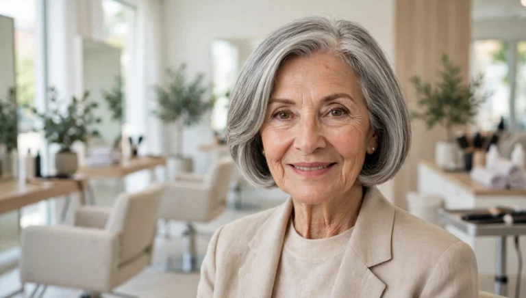Elegant woman over 70 with a beautiful bob haircut in bright salon photography.
