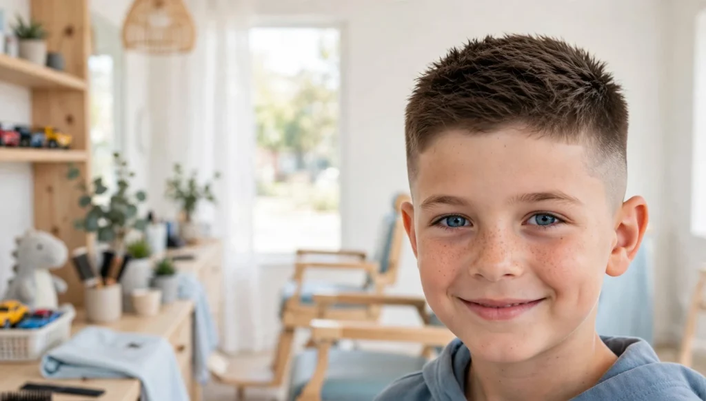Young boy with a cool short haircut in bright barbershop photography.
