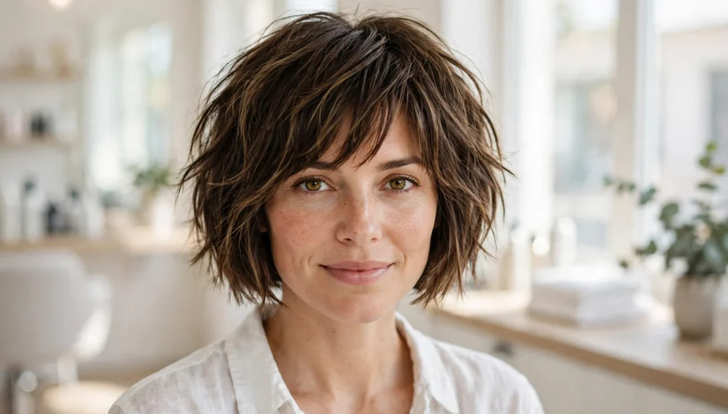 Woman with a stylish choppy bob haircut in bright salon photography.