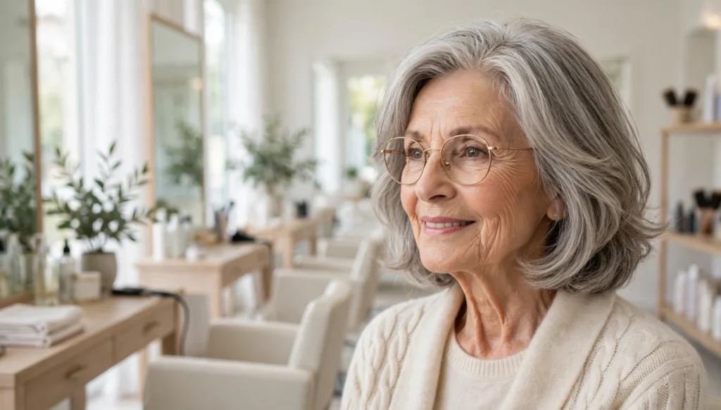 Elegant woman over 70 with glasses and a beautiful medium-length hairstyle in bright salon photography.