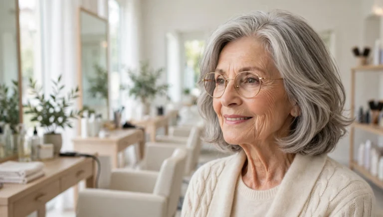 Elegant woman over 70 with glasses and a beautiful medium-length hairstyle in bright salon photography.