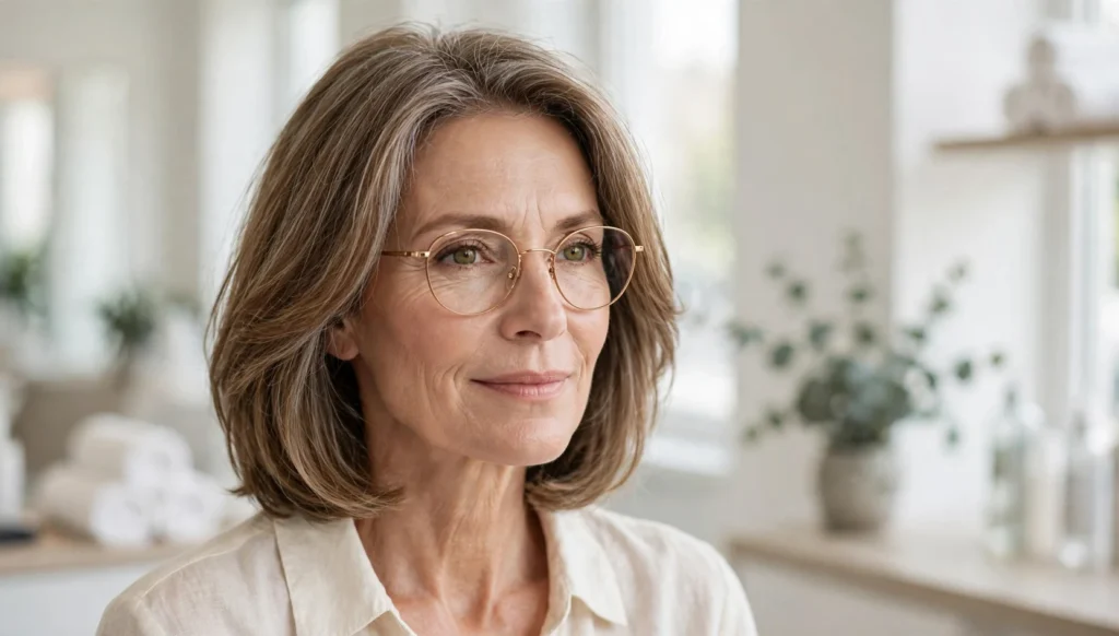 Elegant woman over 50 with glasses and a beautiful medium-length hairstyle in bright salon photography.