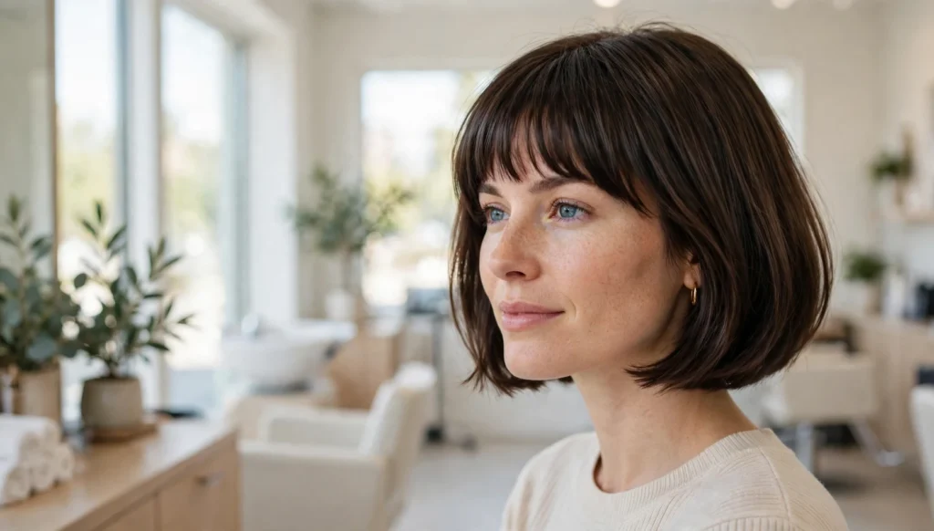 Woman with a gorgeous bob haircut with bangs in bright salon photography.
