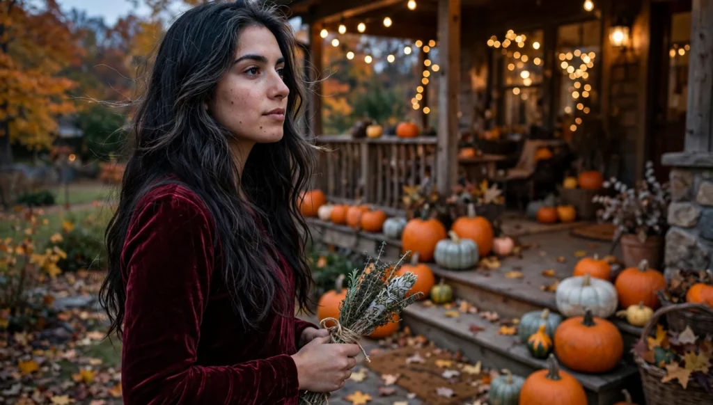 Young woman with long raven witch waves in a burgundy velvet dress on a pumpkin-covered porch at dusk, seen in three-quarter view.