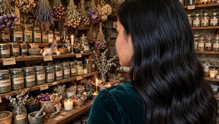 Young woman with long neatly brushed raven witch waves in a deep teal velvet dress in a candlelit apothecary shop, seen over her shoulder.
