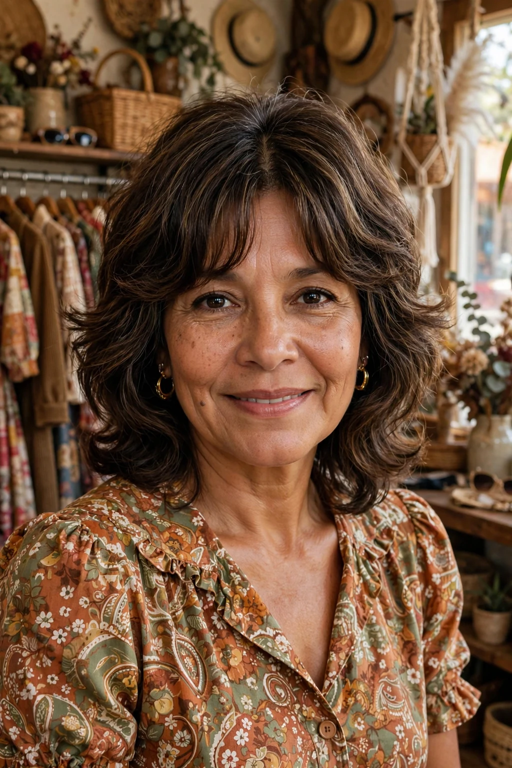 Beautiful woman with curtain bangs and curtain shag, 70s curtain shag, retro light.