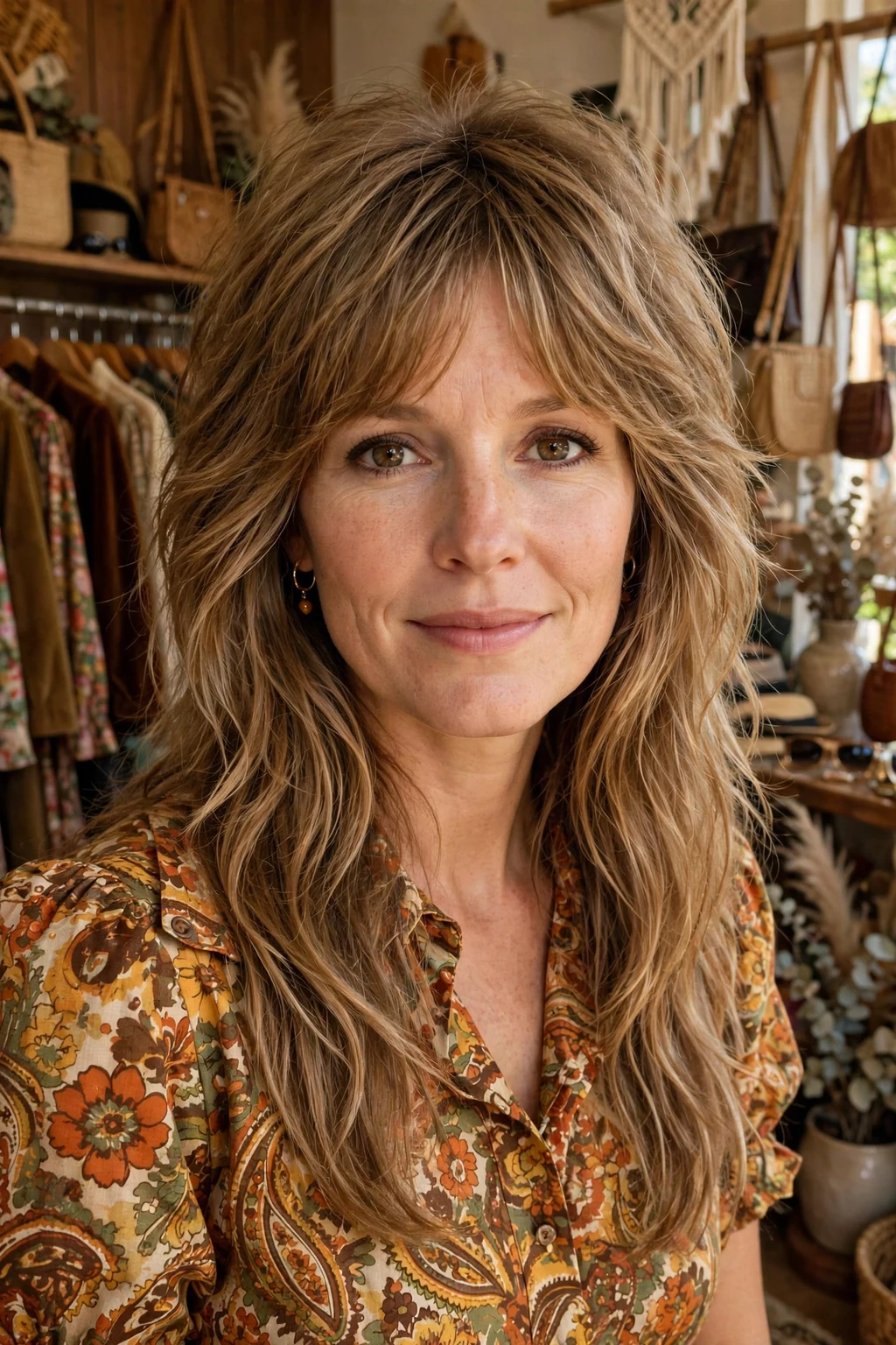 Beautiful woman with 70s long shag, retro 70s long shag, nostalgic light.