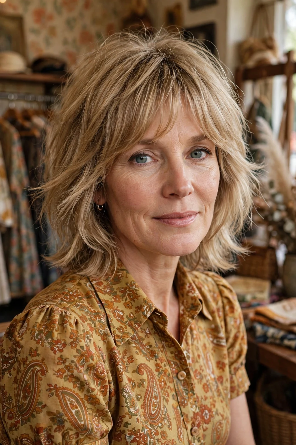 Beautiful woman with fine hair and 70s shag, retro 70s shag, nostalgic light.