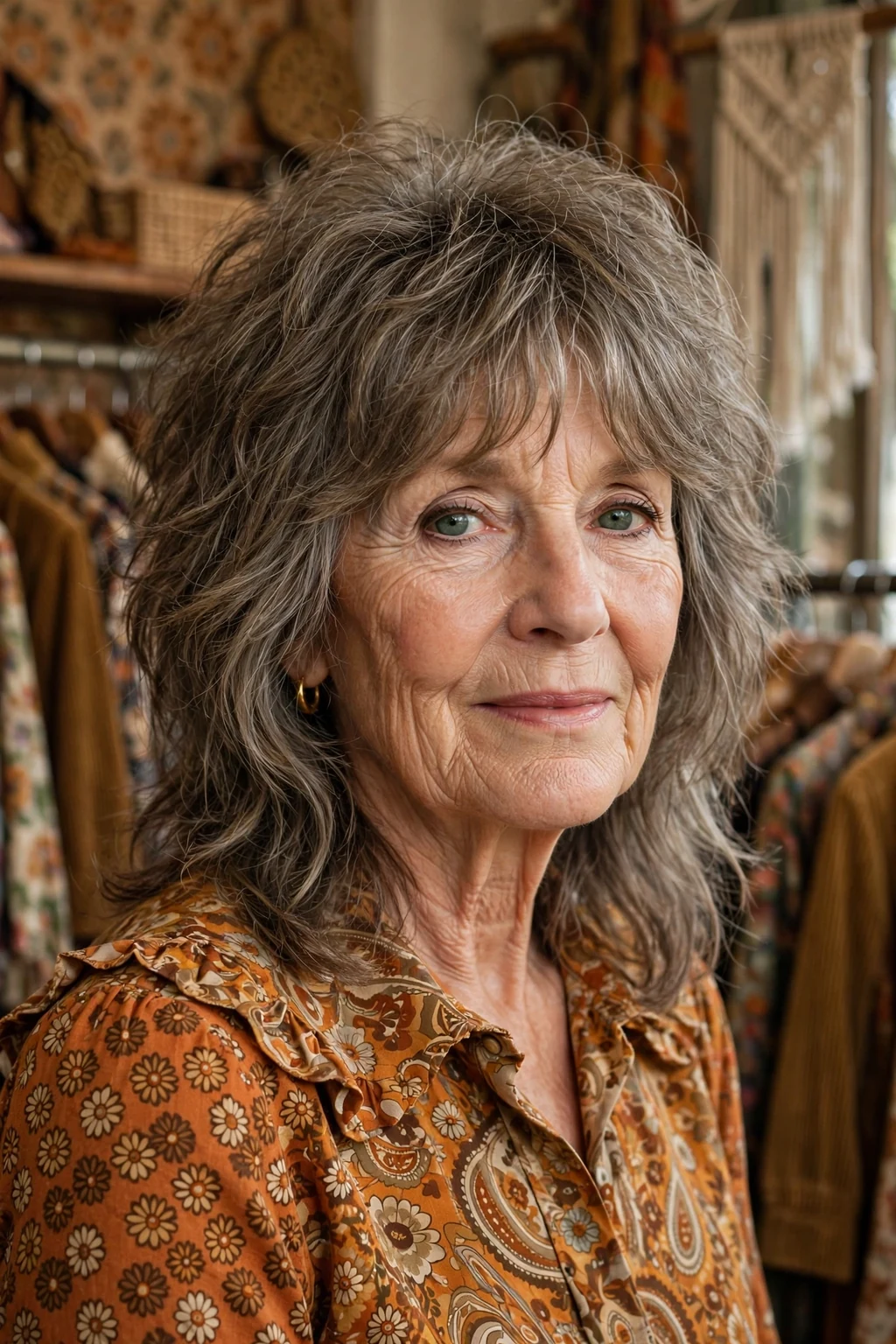 Beautiful woman over 60 with 70s shag, retro 70s shag, nostalgic light.