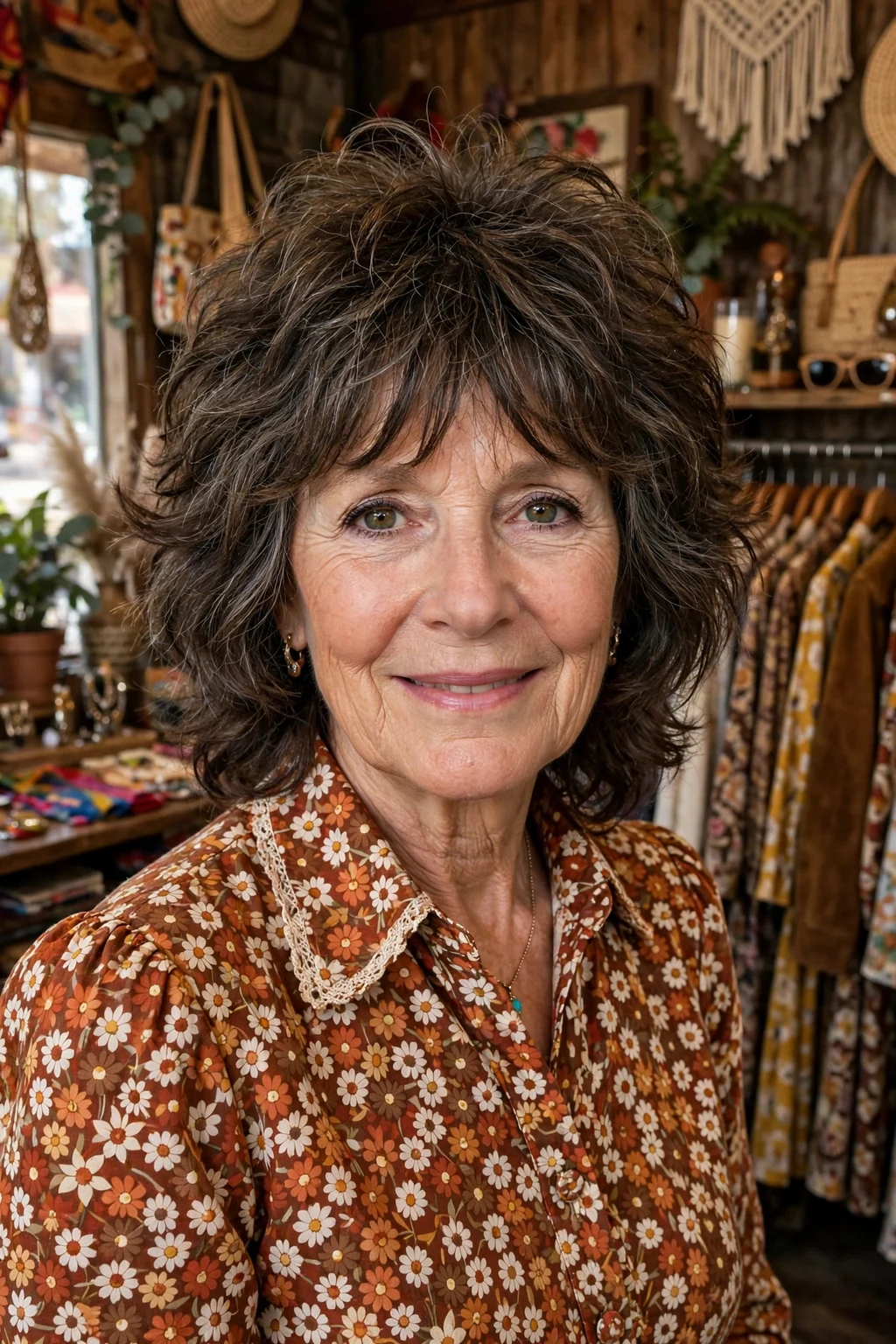 Beautiful woman over 50 with 70s shag, retro 70s shag, nostalgic light.