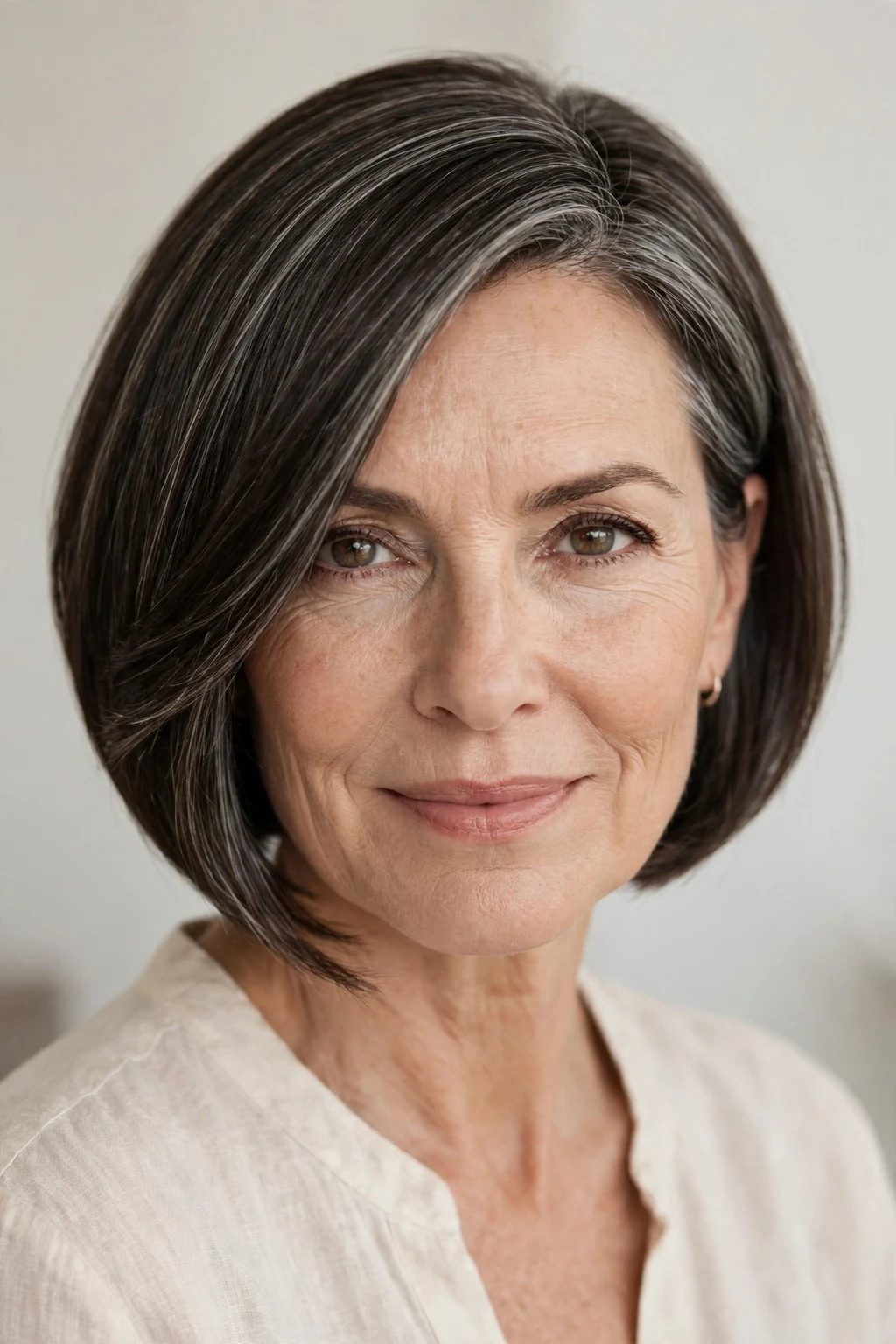 Elegant woman over 50 with a-line bob, angled modern shape, confident light.
