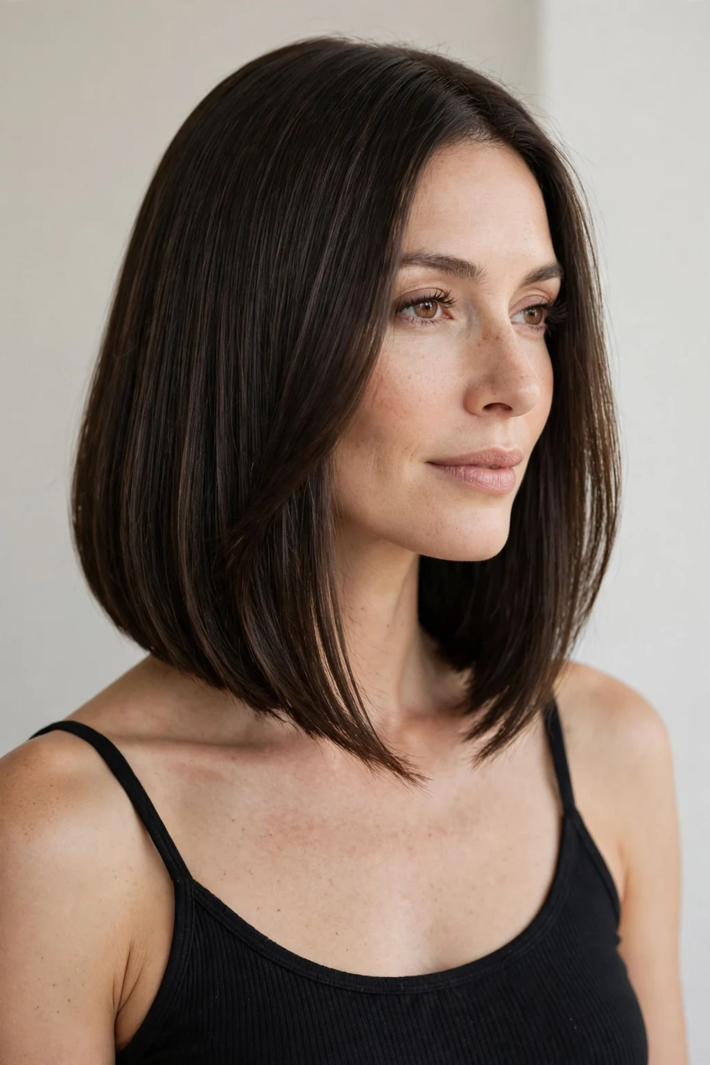 Woman with A-line lob, angled elegant shape, sophisticated light.