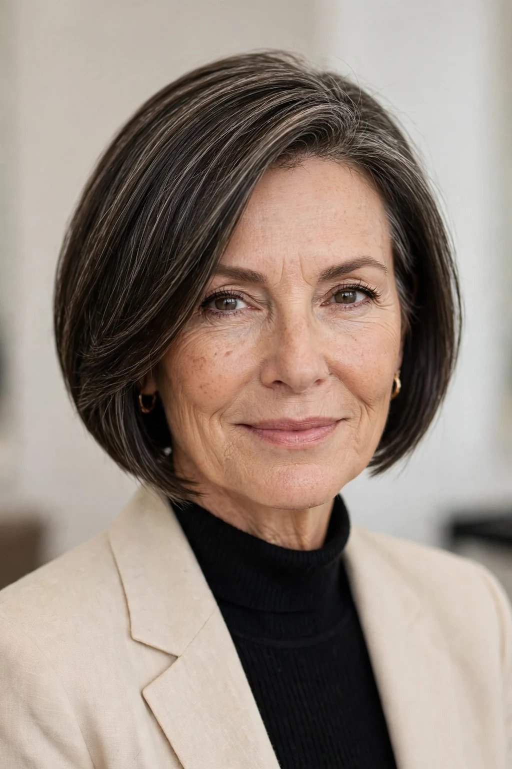Elegant woman over 50 with a-line short bob, angled modern shape, confident light.