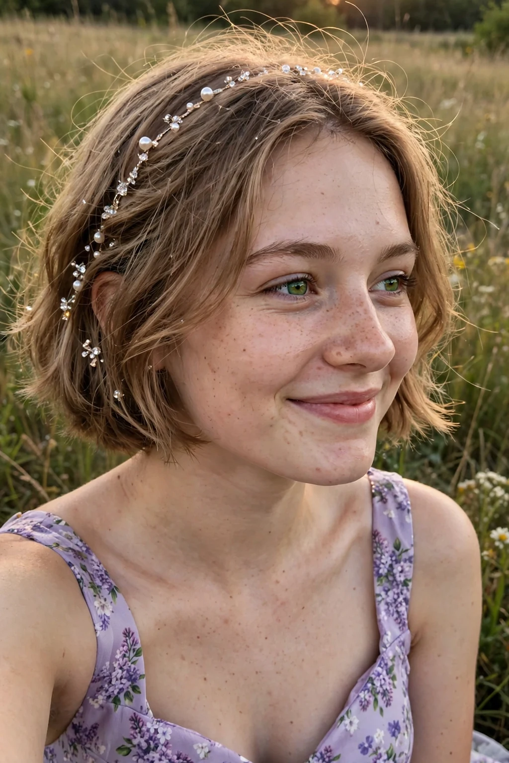 Young woman aged 18 to 20 with accessorized short bob hairstyle for prom, a meadow field at golden hour.