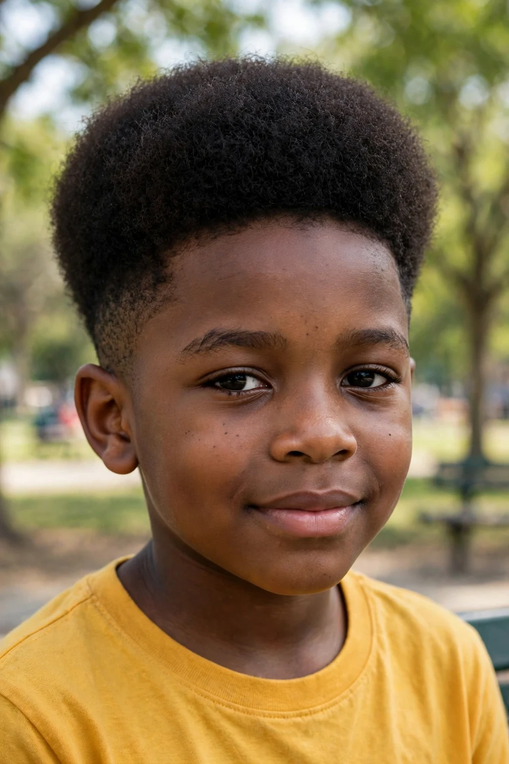A young boy with an afro fade haircut, a rounded afro shape with faded sides, in a community park wearing a mustard yellow T-shirt.