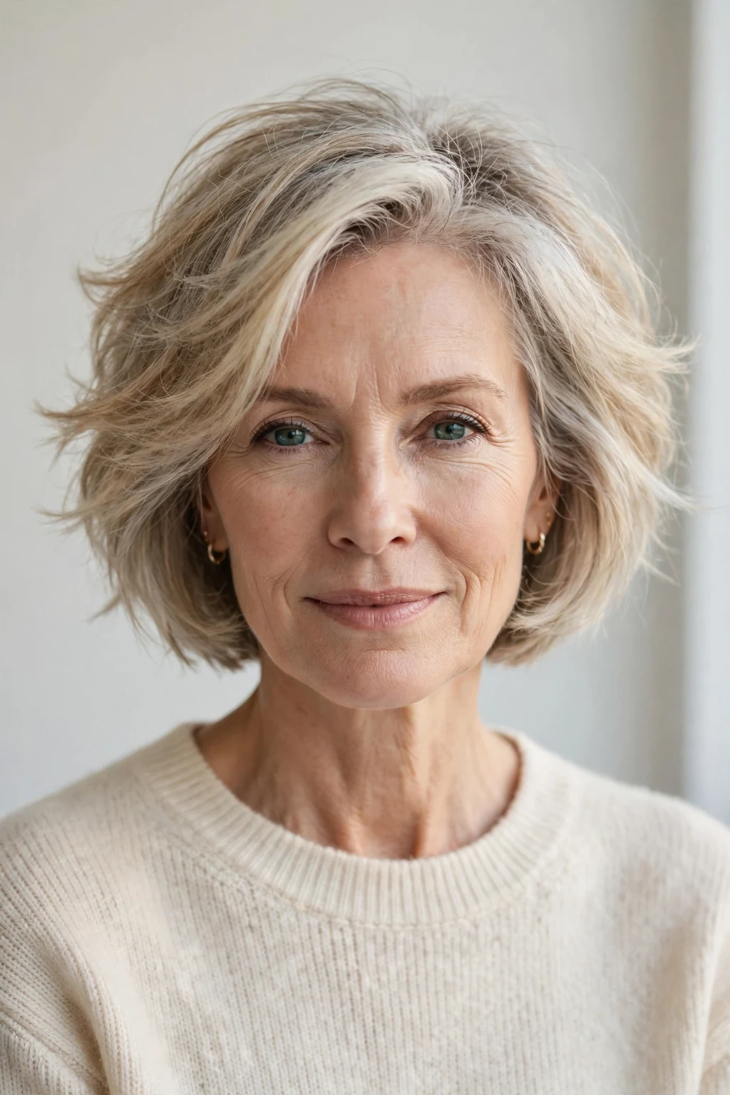 Elegant woman over 50 with airy bob, light feathered texture, fresh light.