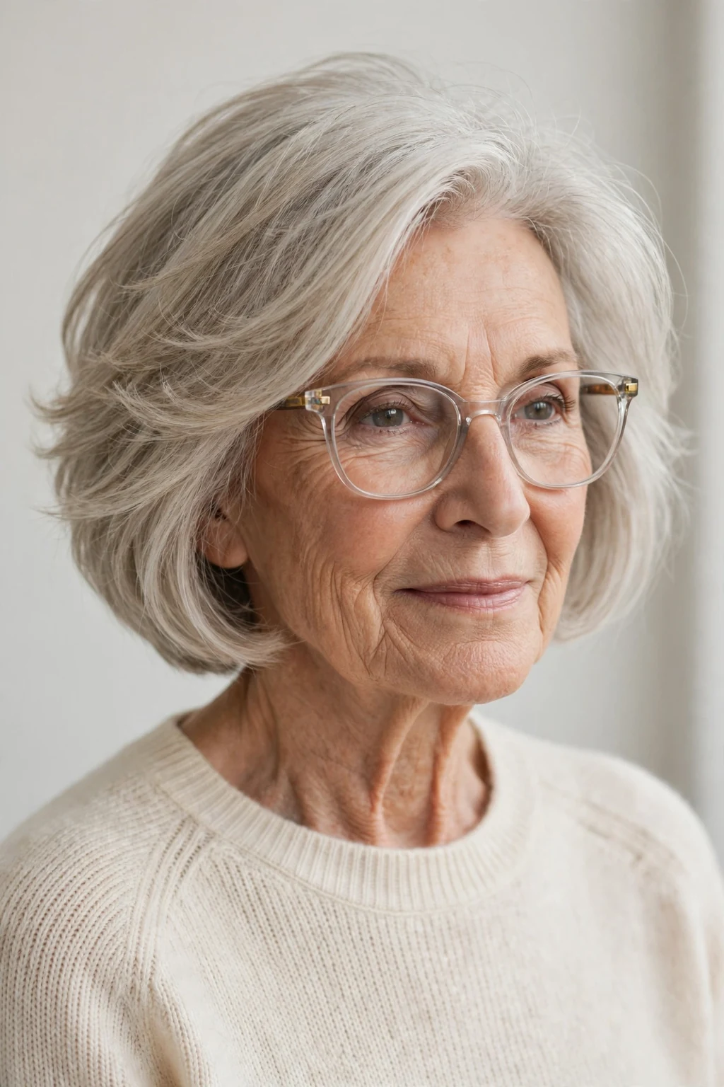 Elegant woman over 70 with glasses and airy bob, light feathered texture, fresh light.