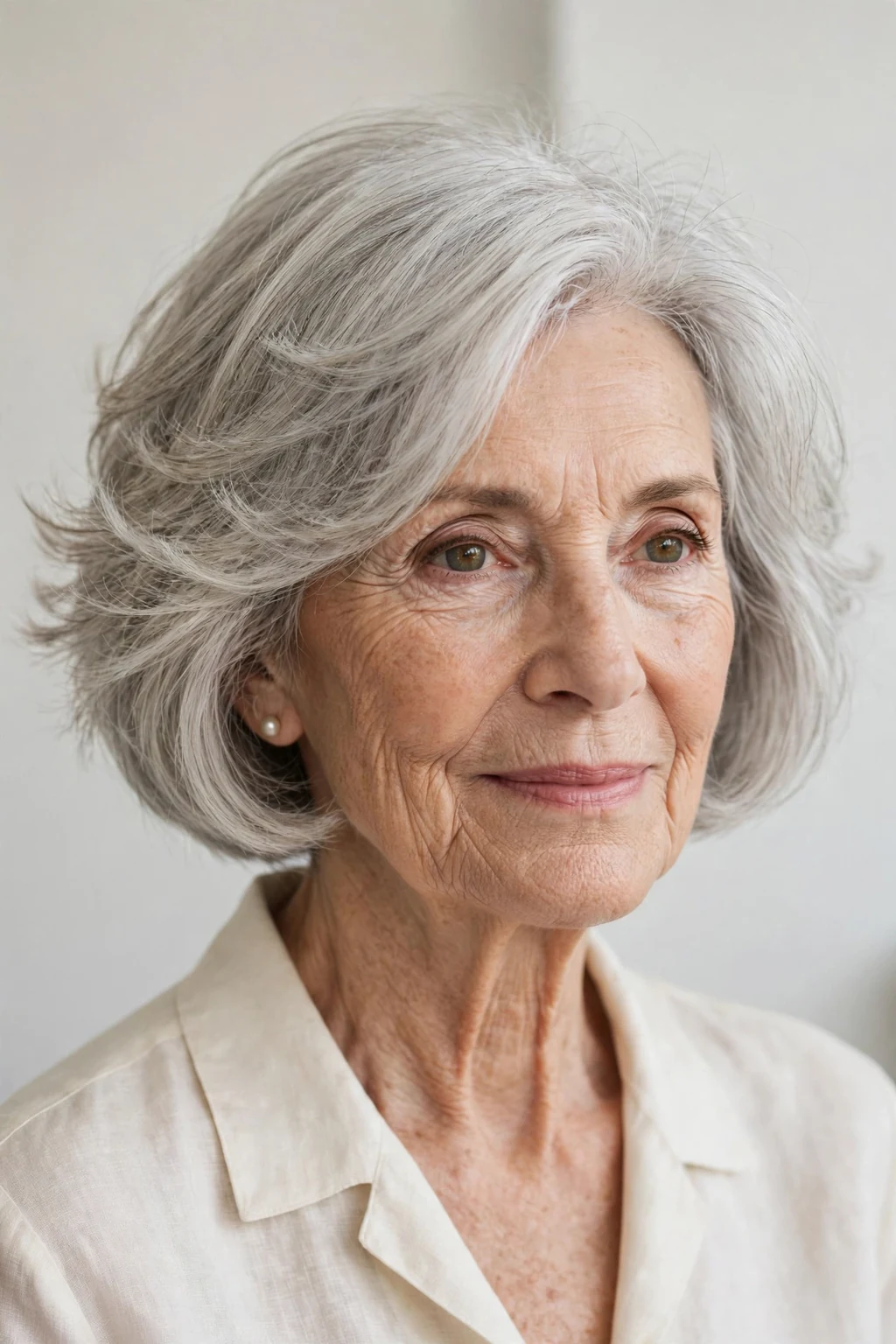 Elegant woman over 70 with airy bob, light feathered texture, fresh light.