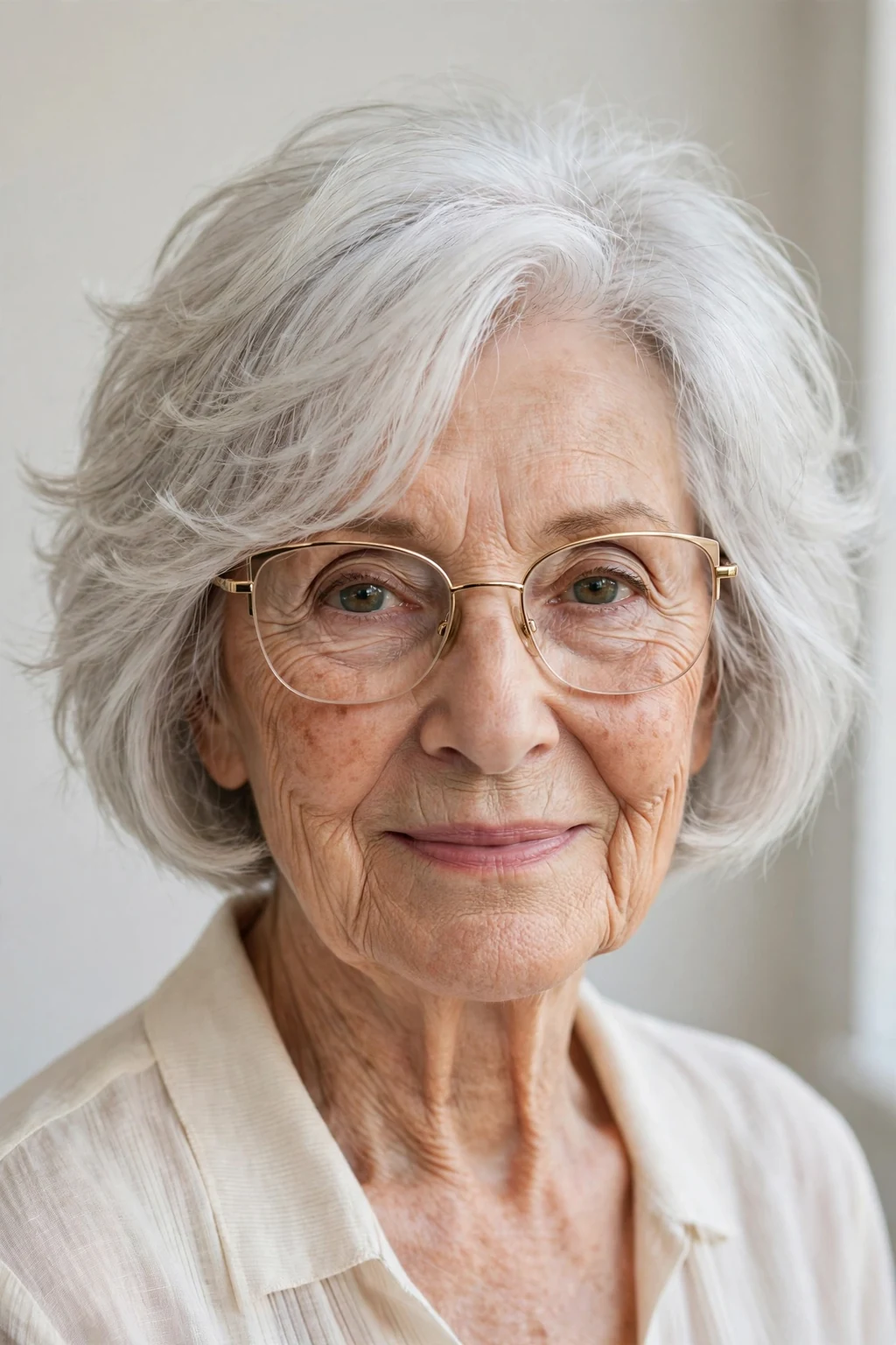 Elegant woman over 80 with glasses and airy bob, light feathered texture, fresh light.