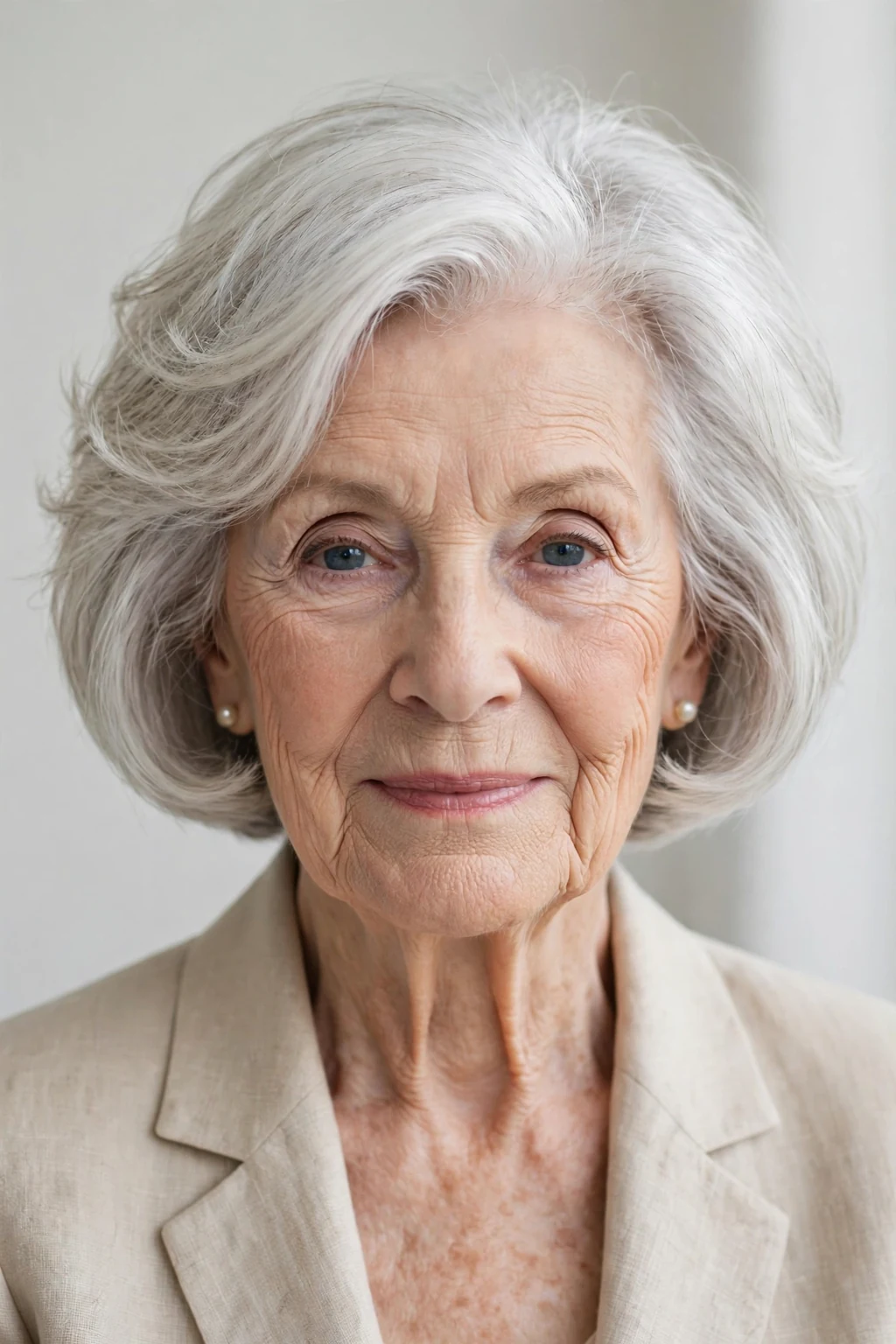Elegant woman over 80 with airy bob, light feathered texture, fresh light.