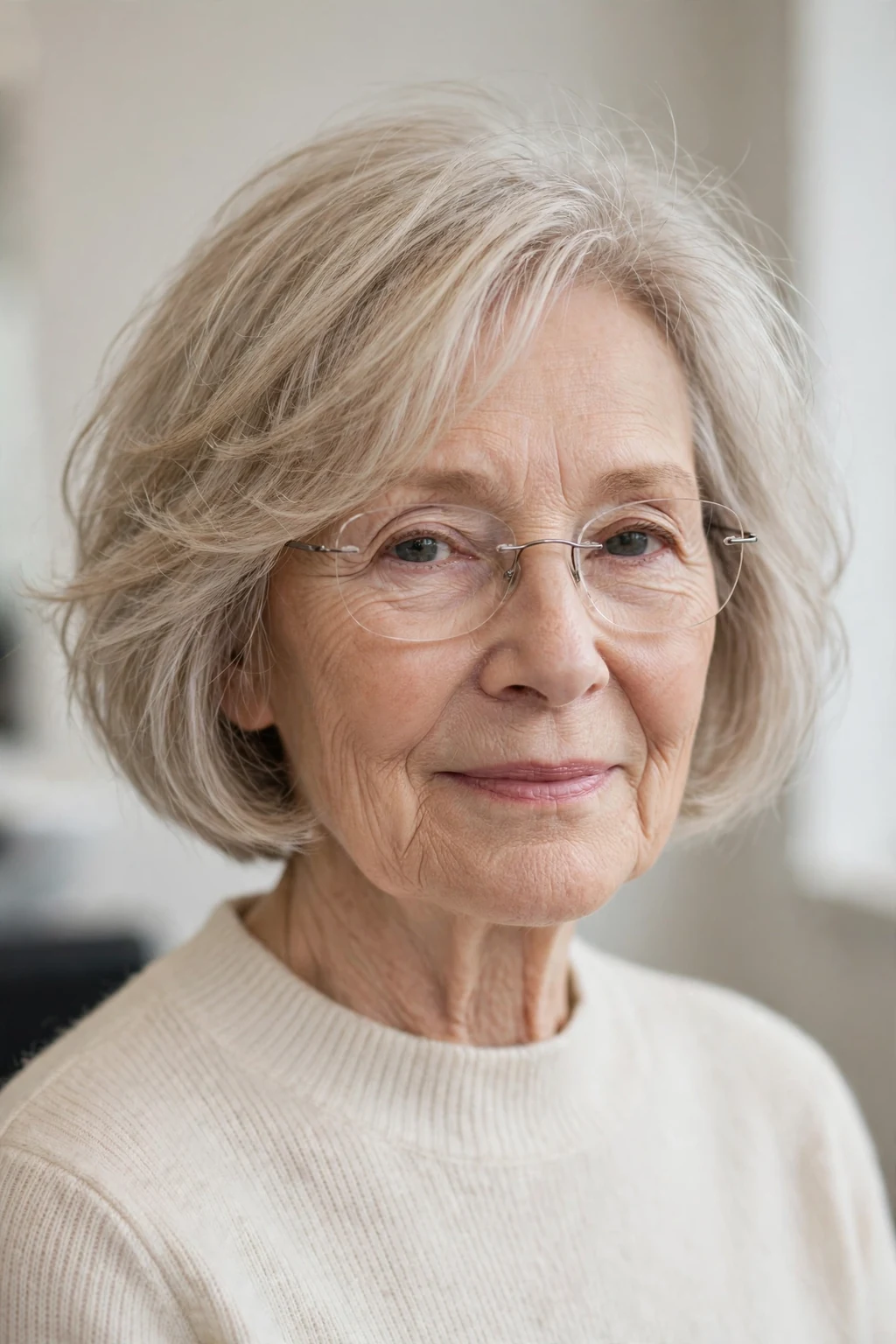 Elegant woman over 50 with fine hair and glasses and airy bob, light feathered texture, fresh light.