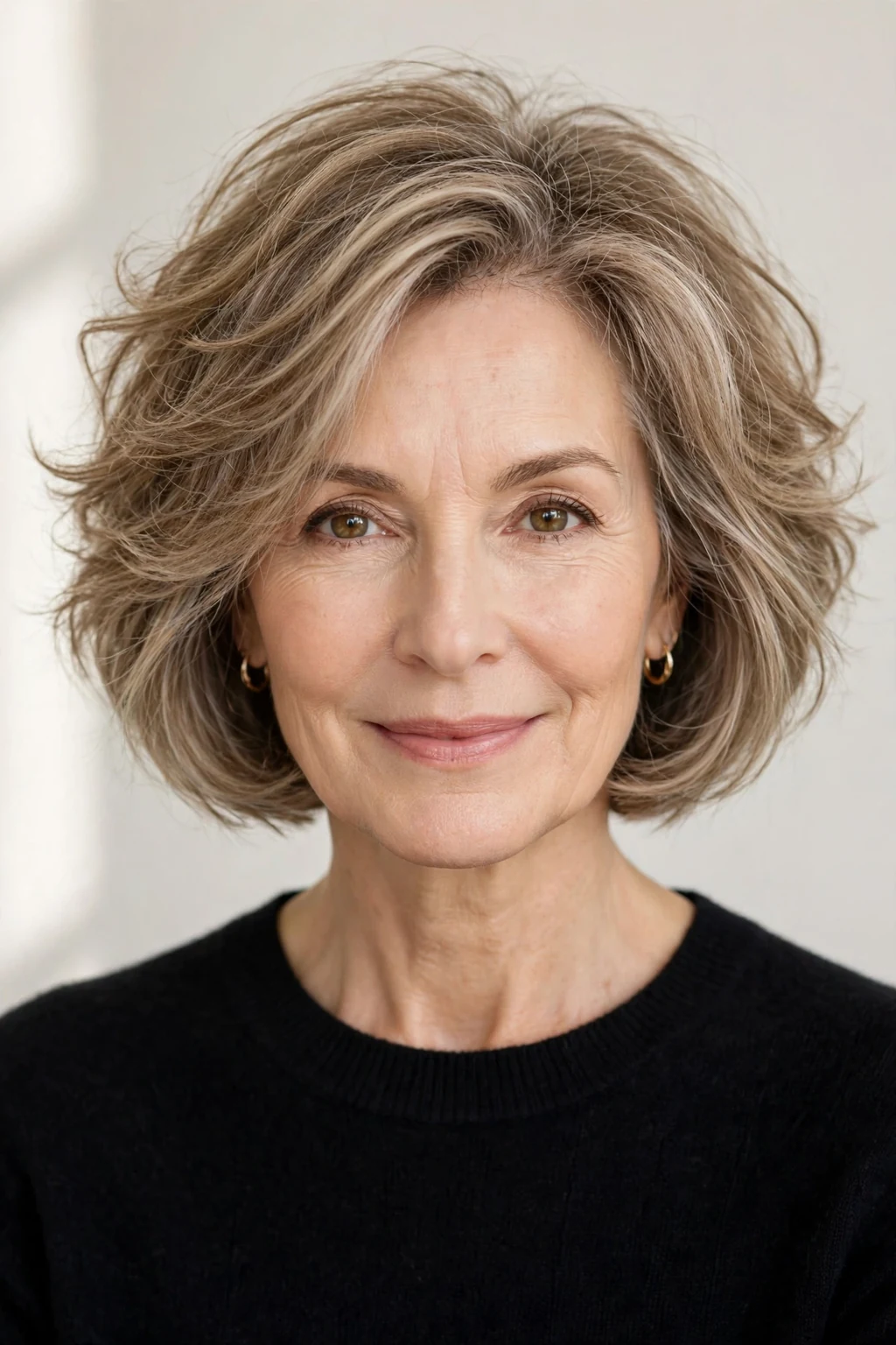 Elegant woman over 50 with airy bob, light feathered texture, fresh light.