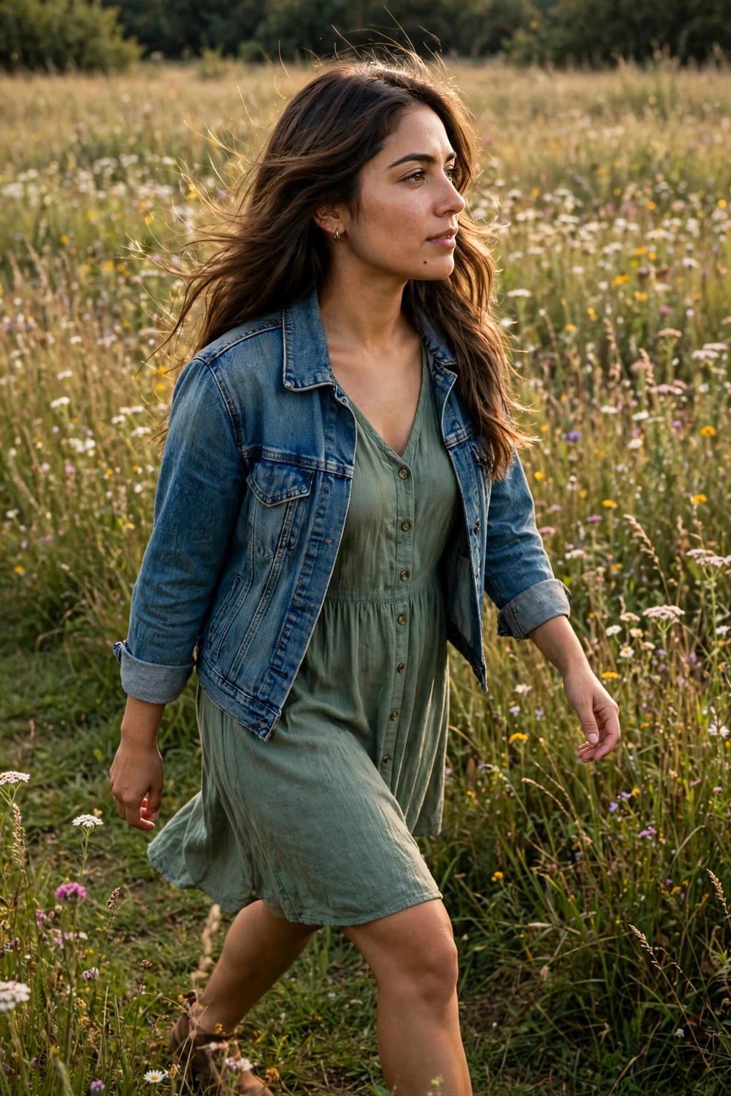 A young woman with airy feathered layers and a soft blowout, walking through a sunlit meadow in a sage green dress.