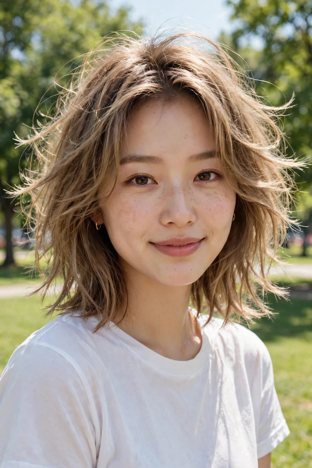 Beautiful woman with airy feathered lob, light feathered long bob, airy light.