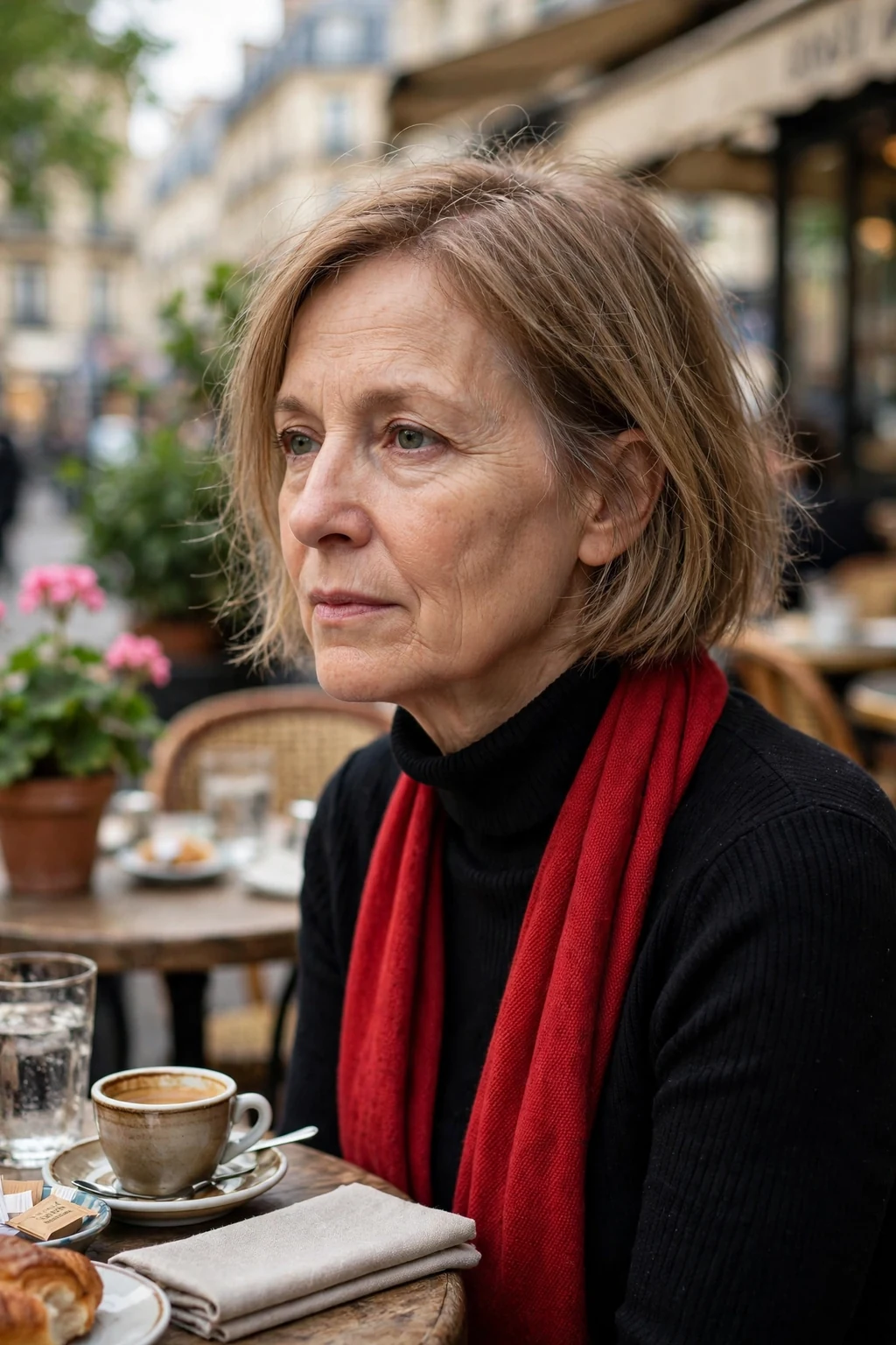 Mature woman over 50 with a airy french bob haircut for fine thin hair, styled and full of volume.