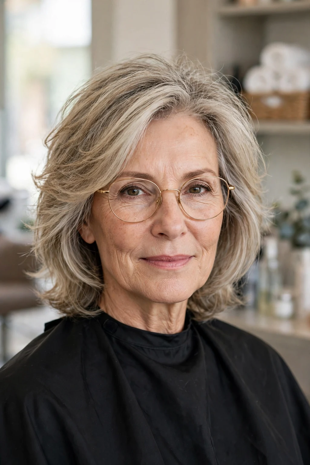 Elegant woman over 50 with glasses and airy medium cut, light feathered texture, fresh light.