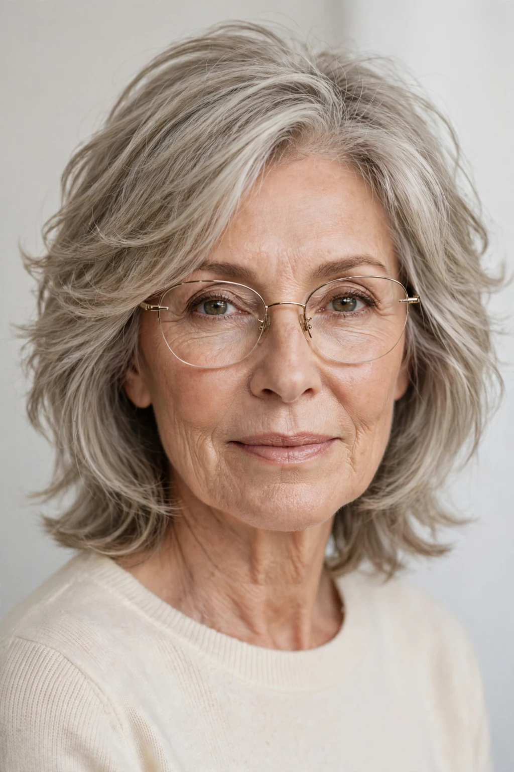 Elegant woman over 60 with glasses and airy medium cut, light feathered texture, fresh light.