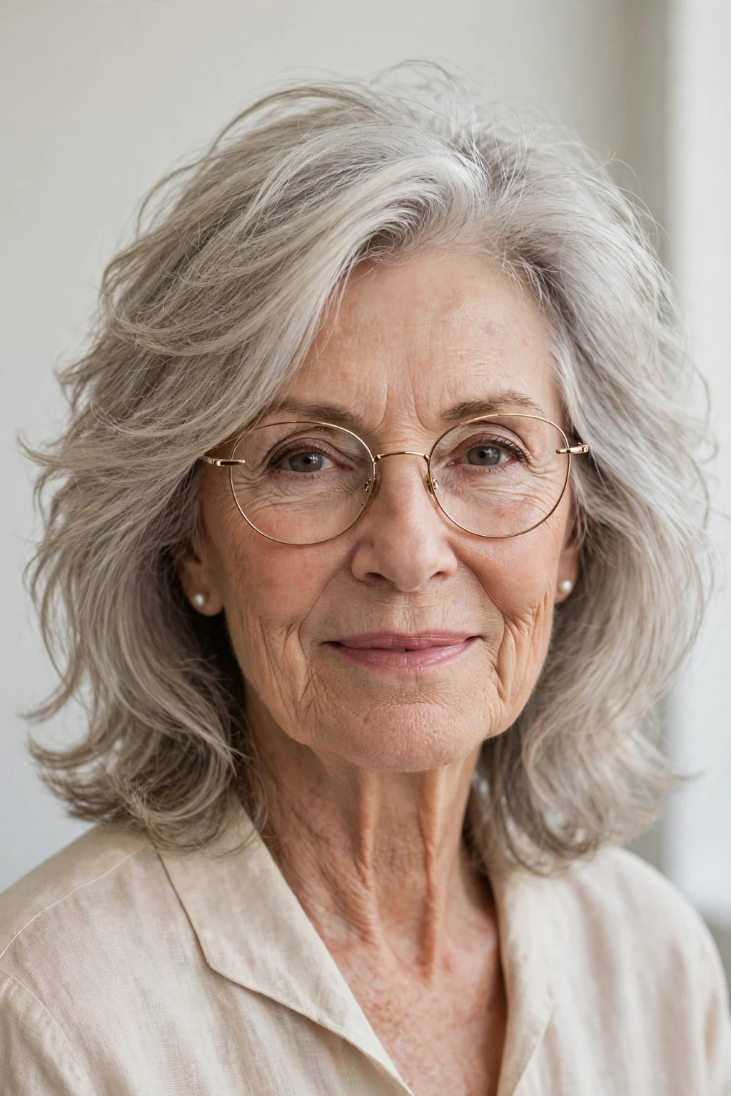 Elegant woman over 70 with glasses and airy medium cut, light feathered texture, fresh light.